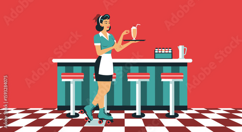 Retro Roller Waitress Serving Milkshake In Classic Diner Illustration