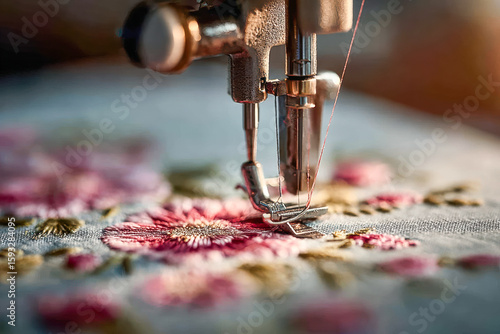 Sewing machine needle stitching colorful floral embroidery on fabric with intricate details