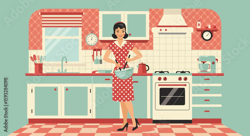 Retro Housewife Prepares Food In Vintage Kitchen In A Stylized Colorful Cartoon