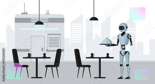 Robot Waiter Serving Dinner At Restaurant Illustrating Automation Concept