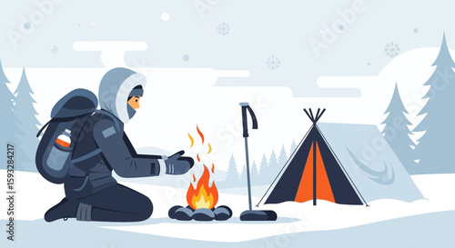 Winter Trekking Scene With Camper Warming Hands By Campfire On Snowy Landscape