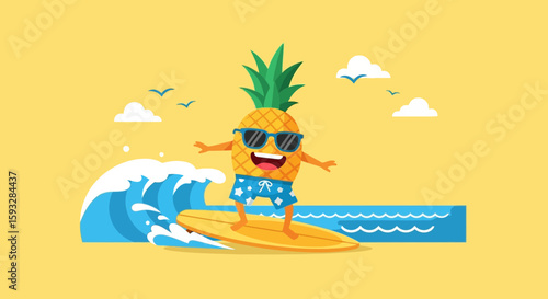 Pineapple Surfer Dude Catching Waves With Style On Vacation At Tropical Place