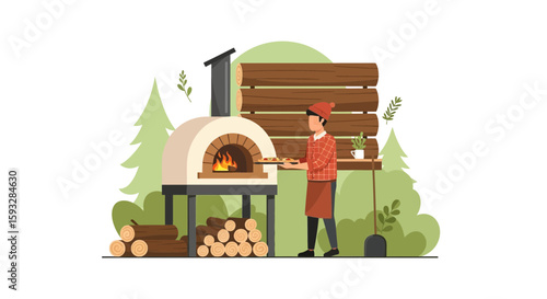 Pizza Chef Outdoors Firing Delicious Pizza in a Traditional Wood Burning Oven