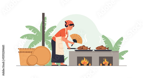 Traditional Outdoor Cooking Scene Woman Grilling Fish Over Open Fire
