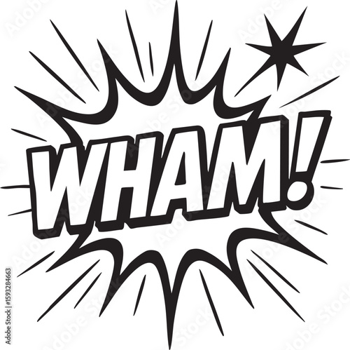 Dynamic black and white comic book blast with the word Wham. Retro pop art graphic for sound effects and explosions.
