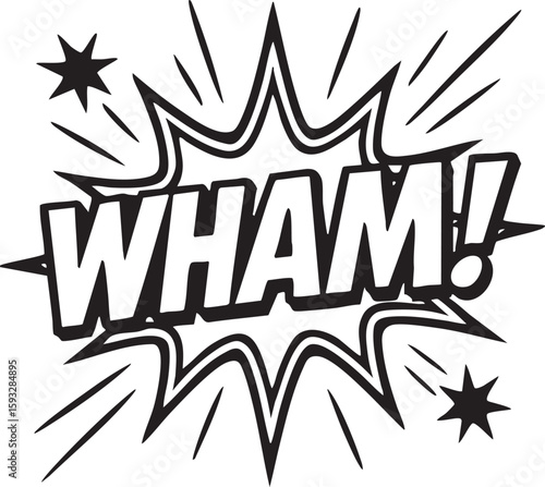 Dynamic comic book style 'WHAM!' sound effect illustration capturing explosive impact and sudden surprise in a bold graphic design element for various projects.
