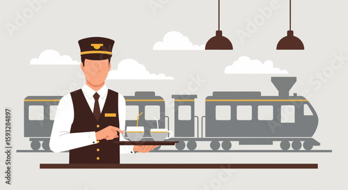 Train Attendant Offers Refreshments Onboard Stylish Commuter Ride Illustration