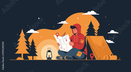 Planning Next Adventure: A Camper Navigating the Outdoors with a Map at Night