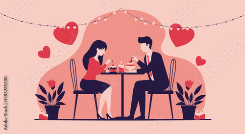 Romantic Couple Sharing Desserts At Valentine's Day Dinner Celebration
