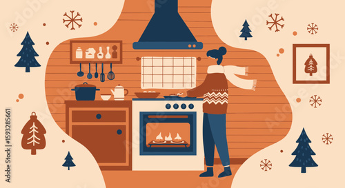 Woman Baking Christmas Cookies In Cozy Home Kitchen During Winter Holidays