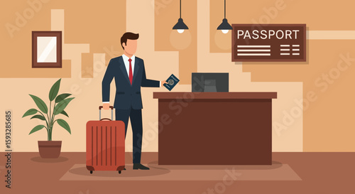 Traveler Arriving At Hotel Reception With Suitcase And Passport Document Check