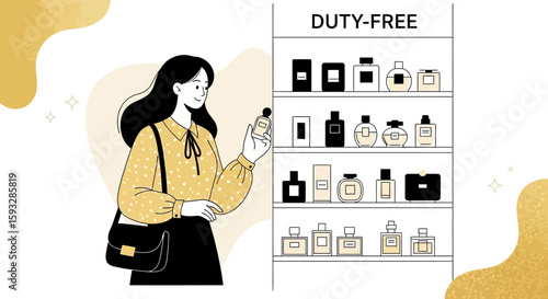 Young Woman Choosing Perfume in Duty Free Shop Illustration Isolated