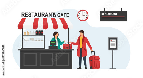 Traveler Buys Snacks In Airport Restaurant Cafe Before Departure Cartoon Illustration