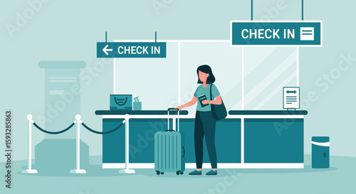 Traveler Checking In At Airport Counter Illustration With Passport And Luggage