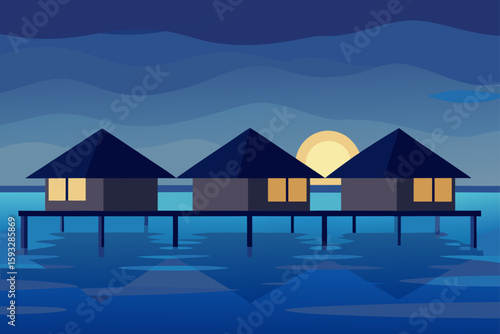 Serene overwater bungalows at dusk with a faint sun