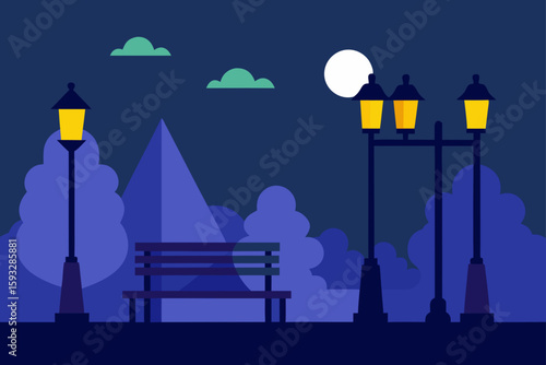 Serene park scene at night with lampposts and a bench