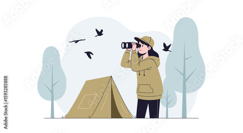 Young Woman Enjoying Birdwatching Adventure In Campground With Binoculars