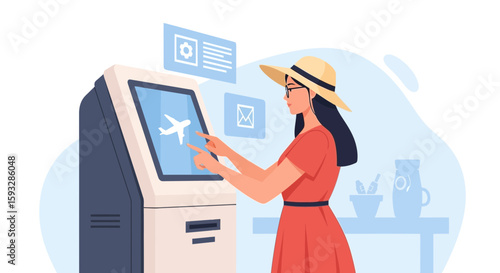 Woman Checks Flight Details On Self-Service Kiosk In An Airport Terminal
