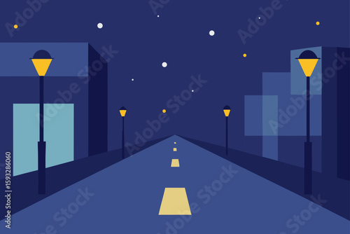 Geometric city street at night with streetlights and stars