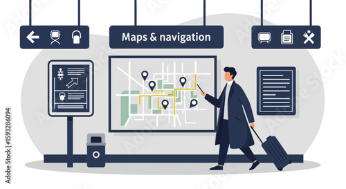 Traveler Consults Map For Directions At Airport Departure Lounge Guidance