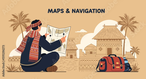 Traveler Consulting A Map In Exotic Tropical Location For Vacation Guidance