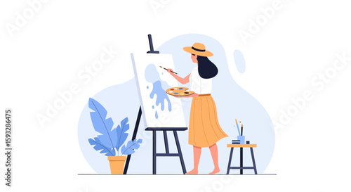 Young Woman Painting On Canvas Artistic Creation Process Hobby Expression