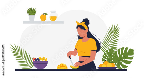 Young Woman Prepares A Refreshing Tropical Fruit Salad In Her Kitchen