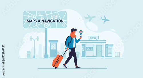 Traveler Navigating Airport With Digital Map App and Using Mobile Phone