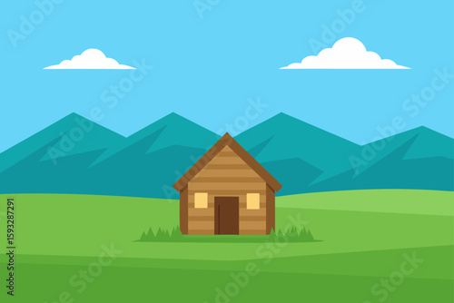 Cozy wooden cabin in a grassy field with mountains and clouds