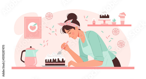 Woman Decorating Cake Beautifully In Kitchen With Headband And Apron