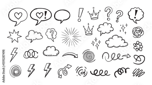 Doodle Emotions and Thoughts A Hand-Drawn Vector Collection  of Speech Bubbles, Sparkles, and Swirls 