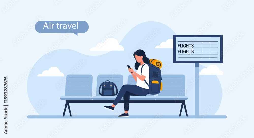 Fototapeta premium Young Woman Traveler Using Smartphone While Waiting Flight At Airport Terminal