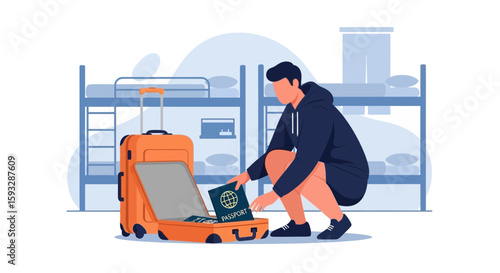 Traveler Prepares For Hostel Stay Packing Passport Inside Open Suitcase
