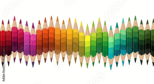 A vibrant row of colored pencils arranged in a wave pattern, showcasing a spectrum of hues.