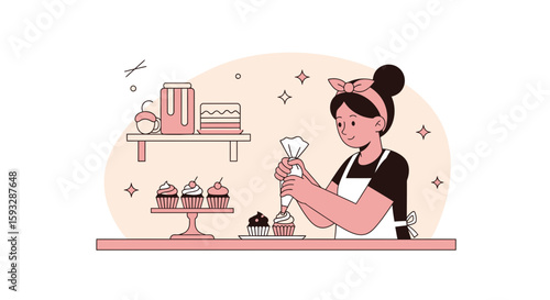 Woman Decorating Cupcakes With Icing In Bakery Studio With Pink And Cream Tones