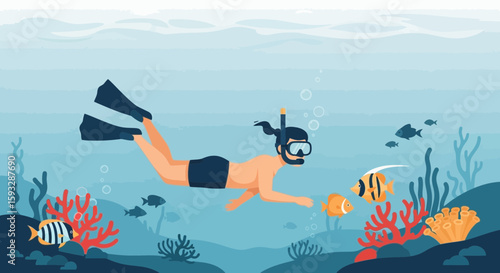 Woman Discovering Marine Life While Snorkeling In Clear Ocean Waters