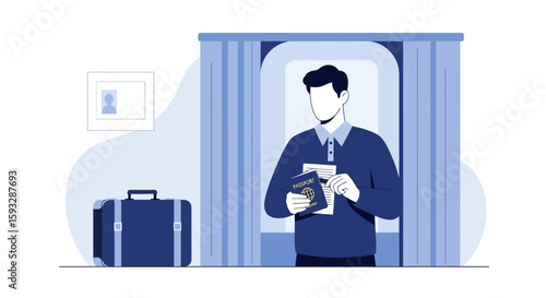 Traveler Preparing Passport for International Trip at Airport Immigration Control