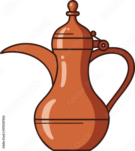 Traditional copper coffee pot with curved spout and handle vector illustration for Middle Eastern beverage culture and serving designs 