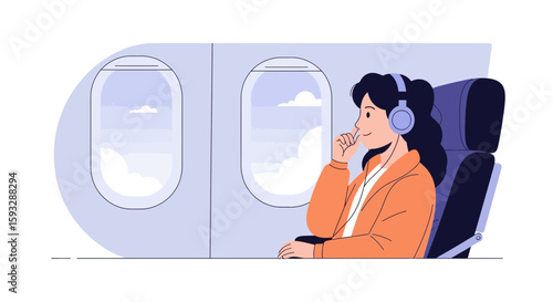 Woman Enjoying Flight With Headphones And View From Window In Airplane