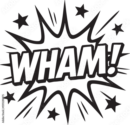 Dynamic Comic Book Sound Effect WHAM! Explosion Starburst with Stars Illustration
