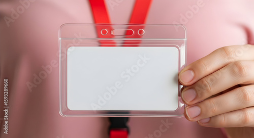Person Holding Clear Plastic Id Badge with Blank White Card on Pink Shirt