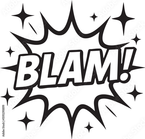 Blam! onomatopoeia sound effect in a retro pop art comic style. Black and white explosion bubble vector illustration for design.