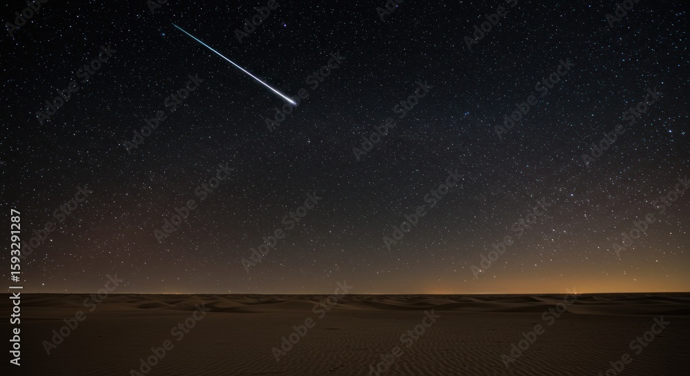 Naklejka premium Celestial spectacle: Shooting star streaks over serene desert landscape at night