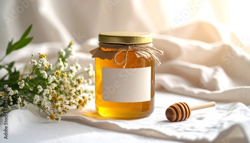 A glass jar of organic honey with a vintage-style kraft label, a bee icon, and gold foil text, placed on a clean linen cloth with a honey spoon and flowers nearby, photographed in warm natural light