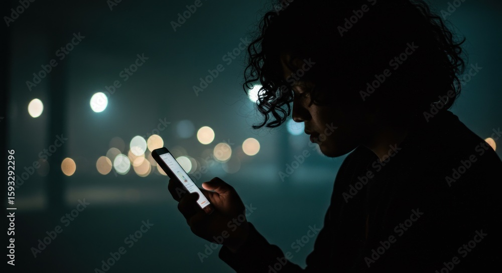 Fototapeta premium Silhouette figure illuminated by cell phone light in urban nightscape setting