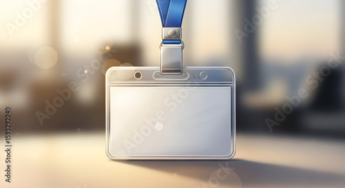 Empty Clear Id Badge with Blue Lanyard Hanging in Bright Modern Office