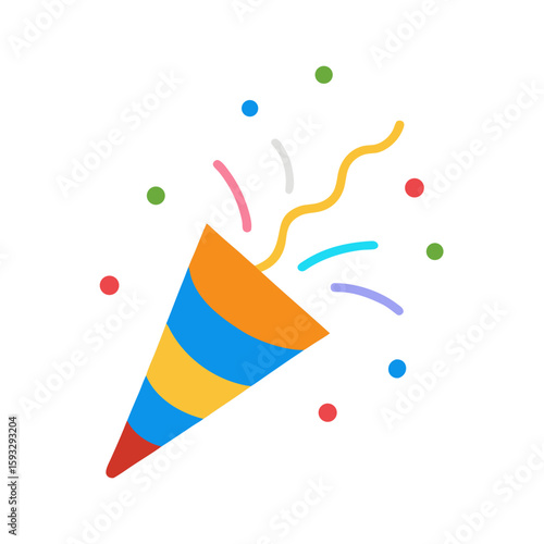 Colorful party popper exploding with confetti and streamers