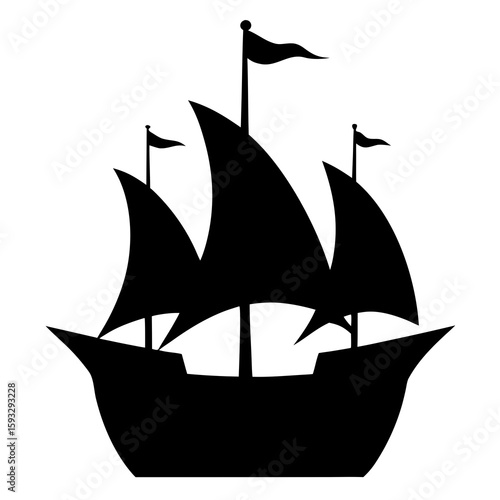 Silhouette of a three masted sailing ship with flags
