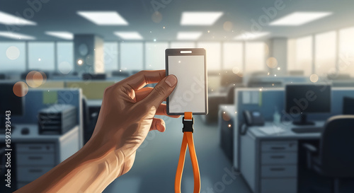 Hand Holding Smartphone with Lanyard in Modern Office with Large Windows and Natural Light