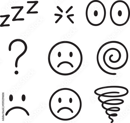 Set of hand-drawn doodle icons representing various emotions and states of mind like sadness, anger, and confusion.
